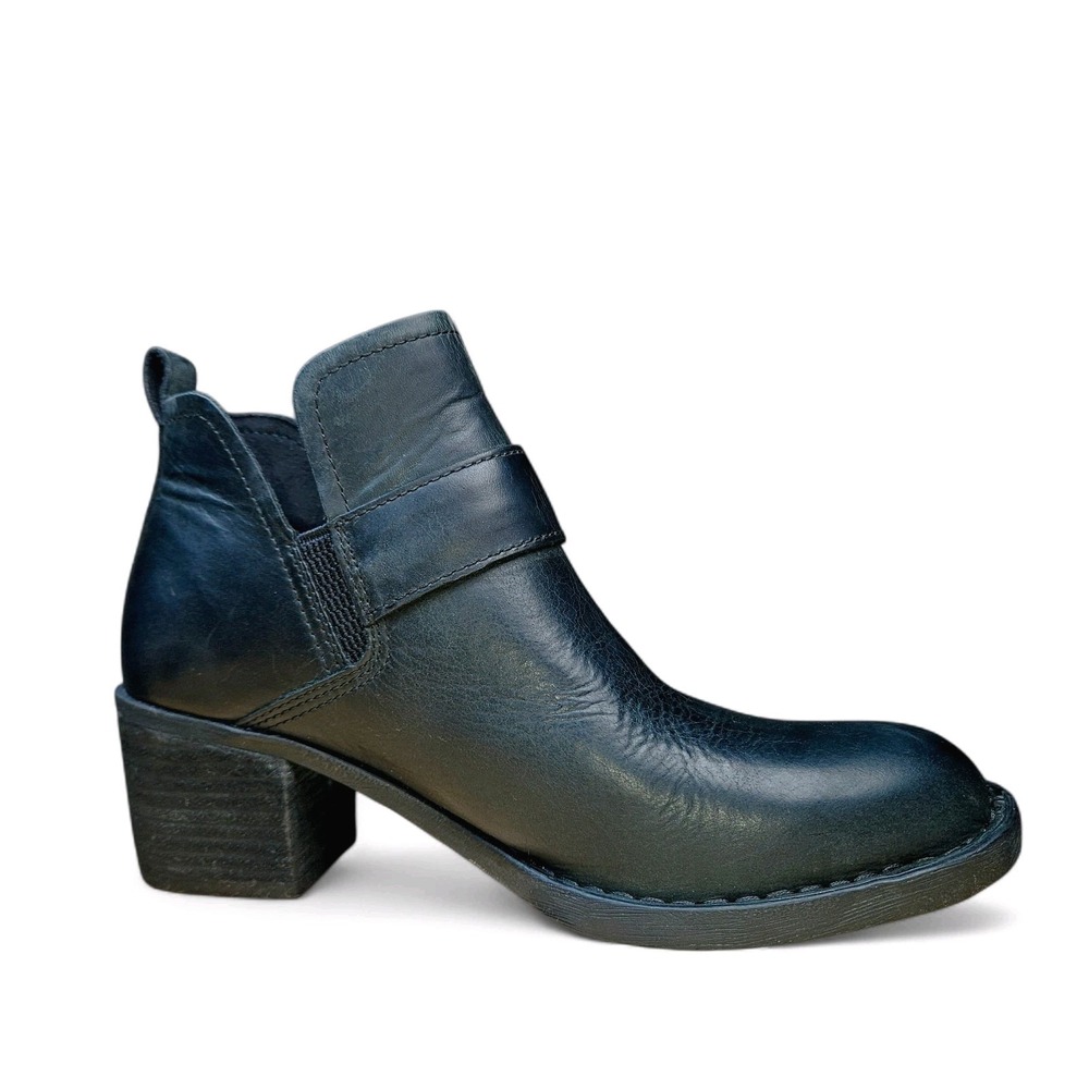 Born Royce Ankle Boots Size 7 Black Distressed Leather Silver Buckle Block Heel - Picture 8 of 11